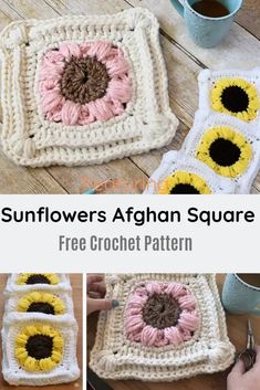 crochet sunflowers afghan square is shown in three different pictures and the text, free crochet pattern