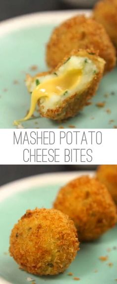 mashed potato cheese bites on a plate with the words, mashed potato bites