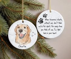 two ceramic ornament with dog's paw prints on them, hanging from a christmas tree