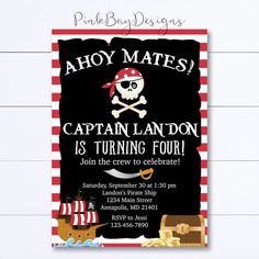 this is a pirate birthday party with a black background and red stripes on the bottom