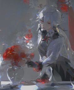 an anime character with white hair and red flowers in her hand, standing next to a vase