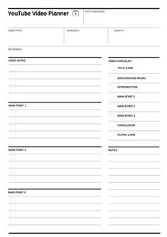 a printable youtube video planner