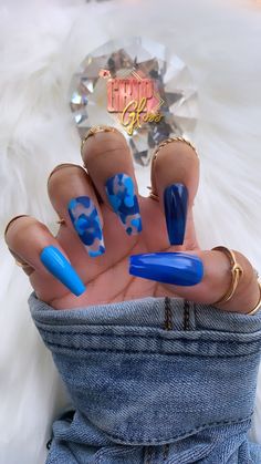 Blue And Grey Nails, Dope Blue Nails, Nails Inspo Blue, Shades Of Blue Nails, Camo Nail Designs, Jersey Nails, Hand Painted Nails, Camo Nails, Bad Nails