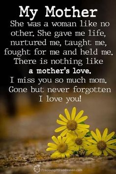 yellow flowers sitting on the ground with a poem written in front of it that says, my mother she was a woman like no other