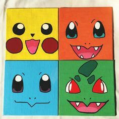 four different colored squares with faces drawn on them, all in different colors and shapes