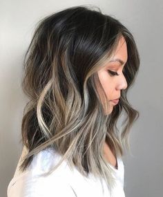 Balayage For Dark Hair Short, Light Balayage On Dark Hair Short, Short Hair Balayage Black Roots, Dark Brown And Ash Balayage, Ombre Hair For Short Hair, Short Hair With Baylage, Balyage Short Hair Brunette With Money Piece, Long Bob Balayage Brunette Ash Blonde, Brown Hair Colors For Hazel Eyes