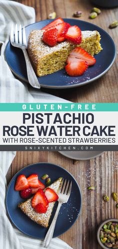 Turn to this pistachio cake recipe for the perfect 4th of July treat! It's a summer dessert idea you'll want to enjoy for breakfast. Topped with rose-scented strawberries, this Gluten-Free Pistachio Rose Water Cake is sure to impress! Rose Water Cake, Water Cake, Pistachio Cake Recipe, Pistachio Rose