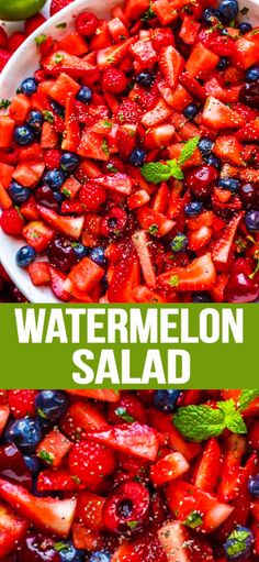 watermelon salad with blueberries, strawberries and limes in a white bowl