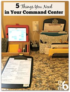 a desk with a computer, binder and other office supplies on it that says 5 things you need in your command center