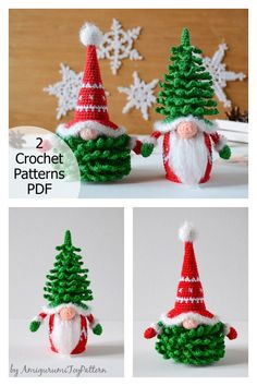 crocheted christmas trees and santa hats are featured in this collage with yarn