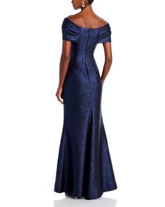 Sapphire Blue Dress, Rose Gold Dress, Teri Jon, Gold Dress, Luxury Fabrics, Blue Sapphire, Floor Length, Blue Dresses, Off The Shoulder