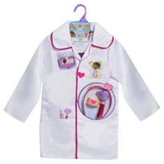 a child's white coat with pink trim and patches on the front, featuring a doll