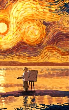 two people standing in front of a painting on the water with an orange and yellow sky