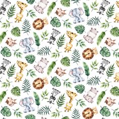 watercolor jungle animals and palm leaves on a white background seamless wallpaper pattern