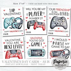 four valentine cards with video game controllers on them