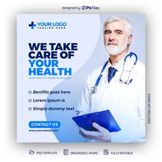 a medical flyer with a doctor holding a clipboard in front of him and the words, we take care of your health