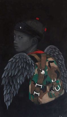 a painting of an angel carrying a backpack with wings on it's back, in the dark