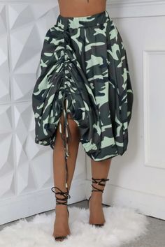 Casual Camouflage Print High Waist Drawstring Bubble Hem Midi Skirt Professional Wear, Bubble Hem, Hem Skirt, Drawstring Waistband, Olivia Mark, Wrap Skirt