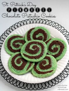 green and brown swirl cookies on a white plate