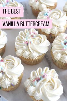 vanilla buttercream cupcakes with white frosting and sprinkles