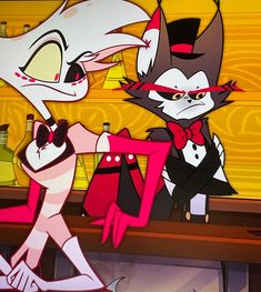 two cartoon characters dressed up as cats and mice in front of a shelf with bottles on it