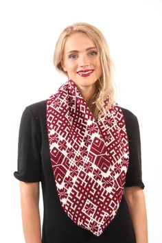 Latvian ornament scarf, red white unisex circle scarf, loop scarf with Latvian symbols, ready to ship. This scarf is infinity knitted from lightweight wool with Latvian symbols. White with deep red infinity scarf is ready to ship. Great looking, and double breasted - never goes out. Soft and warm gift. This knitted scarf is with fair isle Latvian Symbols-signs is being used as luck attractor and deterrent against evil. Size: length 140 cm/55 inches width 22 cm/ 8.66 inches I have another color c Latvian Symbols, Red Infinity, Folk Design, Loop Scarf, Circle Scarf, Infinity Scarf, Deep Red, Fair Isle, Crochet Scarf