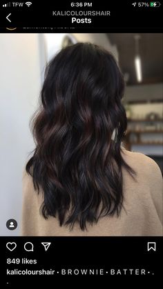 Black And Brunette Balayage, Haircuts For Medium Hair Long Layers, Dark Brown Black Balayage, Dark Cocoa Balayage, Dark Brunette Hair With Burgundy, Winter Balayage Dark Hair, Burnett Balayage Fall, Black With Dimension Hair, Mocha Hair Color Dark