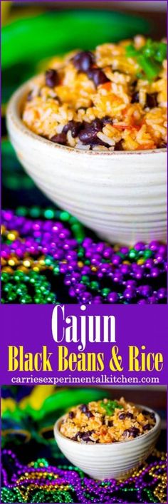 black beans and rice in a white bowl on a colorful table cloth with the words cajun above it