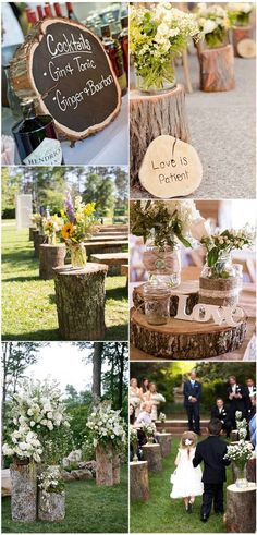 a collage of photos with flowers and trees in vases on the ground, people standing