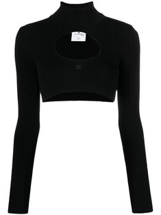 black ribbed knit embroidered logo to the front cut-out detailing high neck long sleeves straight hem cropped Twd Carl, Jersey Outfit, Timeless Wardrobe Staples, Poplin Shirt, Sweaters Knitwear, Black Rib, Denim Top, High Collar, Logo Embroidered