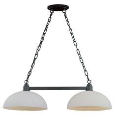 two lights hanging from the ceiling in an old fashion style kitchen island light with chain links