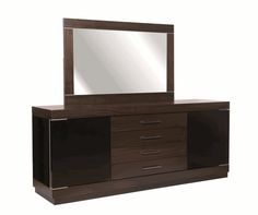 a wooden dresser with mirror on top and drawers in front of the mirror, against a white background