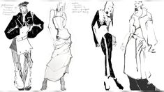 three sketches of people in dresses and jackets