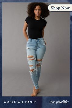 Next Level Stretch/Our softest, stretchiest, never-loses-its-shape denim/Won't bag out. Ever./Light wash/Ripped Stretch Distressed Bottoms For Everyday, Everyday Stretch Distressed Bottoms, Distressed Stretch Bottoms For Everyday, Everyday Ripped High Waist Jeans, High Waist Ripped Jeans For Everyday, Everyday High Waist Ripped Bottoms, Everyday Stretch Distressed Jeans, Casual High Rise Distressed Jeggings, Trendy Light Wash Jeggings For Everyday