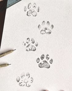 someone is drawing paw prints on white paper