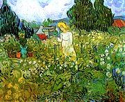 a painting of a woman standing in a field