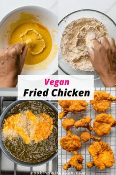 vegan fried chicken on a wire rack with ingredients in bowls, and hands holding a spatula