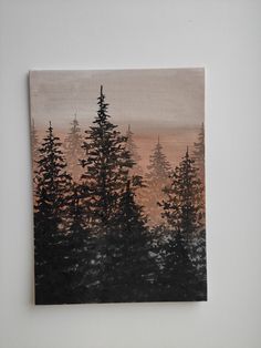 an acrylic painting of pine trees in the sunset with pink and orange sky