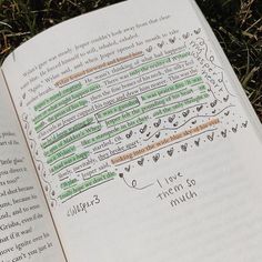 an open book sitting on top of grass covered in lots of green markered words