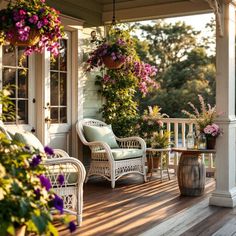 Classic cottage porch with wicker chairs, hanging petunias, and rustic barrel in warm evening light