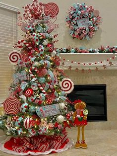 a christmas tree decorated with candy canes and ornaments