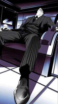 a man in a suit and tie sitting on a chair with his foot up to the ground