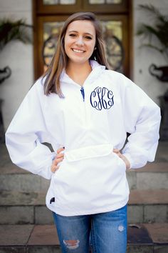 Stay warm on cold days and dry on rainy days! This monogrammed Charles River Classic Solid Pullover is wind and water resistant with a cotton flannel lining throughout the inside for warmth during the colder months. This functional jacket packs into a pocket for easy storage when the skies clear. Perfect to keep in a backpack for days on campus. Add a monogram to showcase your personal style!  * Lightweight & packs into pouch for traveling* Wind & water-resistant River Tec* Nylon with 100% cotto Shiny Sports, Monogrammed Rain Jacket, Charles River Rain Jacket, Monogram Pullover, Raincoat Outfit, Charles River, Coat Outfit, Monogram Styles, Rain Coat