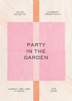 the party in the garden flyer with pink and orange squares on white paper, which reads'party in the garden '