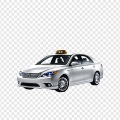 a silver car with a yellow taxi sign on it's roof, against a white background