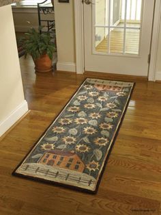 House & Sunflower Hooked Runner Rug Sunflower House, Primitive House, Hooked Rugs Primitive, Rug Hooking Designs, Country Rugs, Primitive Rugs, Hand Hooked Rugs, Rug Hooking Patterns, Floor Runners