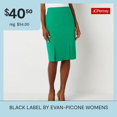 Black Label by Evan-Picone designs suiting to flatter your shape and create a sharp tailored look that's perfect for traditional office settings or special occasions like a wedding or fancy dinner. This women's suit skirt is cut in a knee-length from a soft crepe in an earthly green hue and features a concealed side zip closure and front and back kick pleats. Pair with the matching blazer.Front Style: Flat FrontFeatures: Lined, Stretch FabricClosure Type: ZipperFit: Classic FitRise: Mid RiseApp… Suit Skirts, Womens Suit, Traditional Office, Kick Pleat, Fancy Dinner, Black Label, Suits For Women, Side Zip, Knee Length