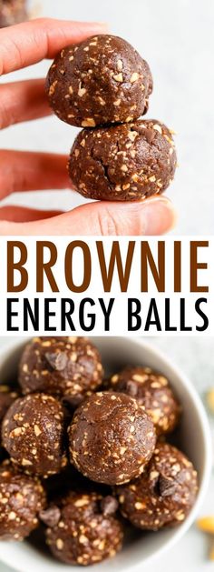 chocolate energy balls in a white bowl with text above that reads, brownie energy balls