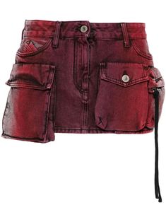 red/purple cotton denim faded effect low-rise belt loops concealed fly and button fastening two front cargo pockets strap detailing thigh-length straight hem Denim Miniskirt, Red Mini Skirt, All Jeans, The Attico, Red Jeans, Jeans Cargo, Skirt With Pockets, Summer Beach Wear, Cargo Jeans