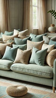 a living room filled with lots of pillows on top of a couch next to a window